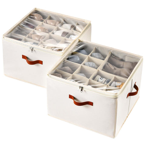 INSTY front view of two beige shoe organizers showing clean storage benefit