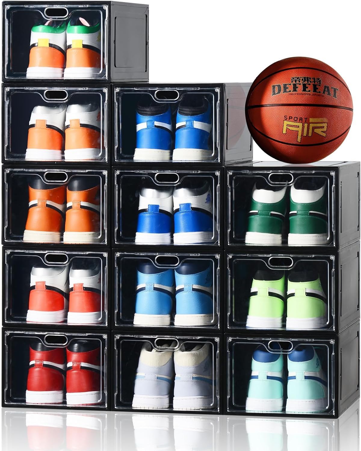 INSTY clear shoe box pack front view showing organized sneakers and visibility benefit