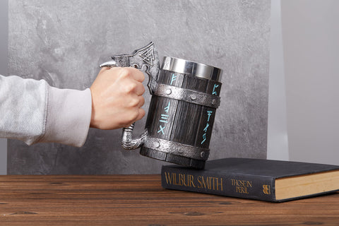 INSYOHO mug staged on home bar to enhance rustic Viking décor appeal