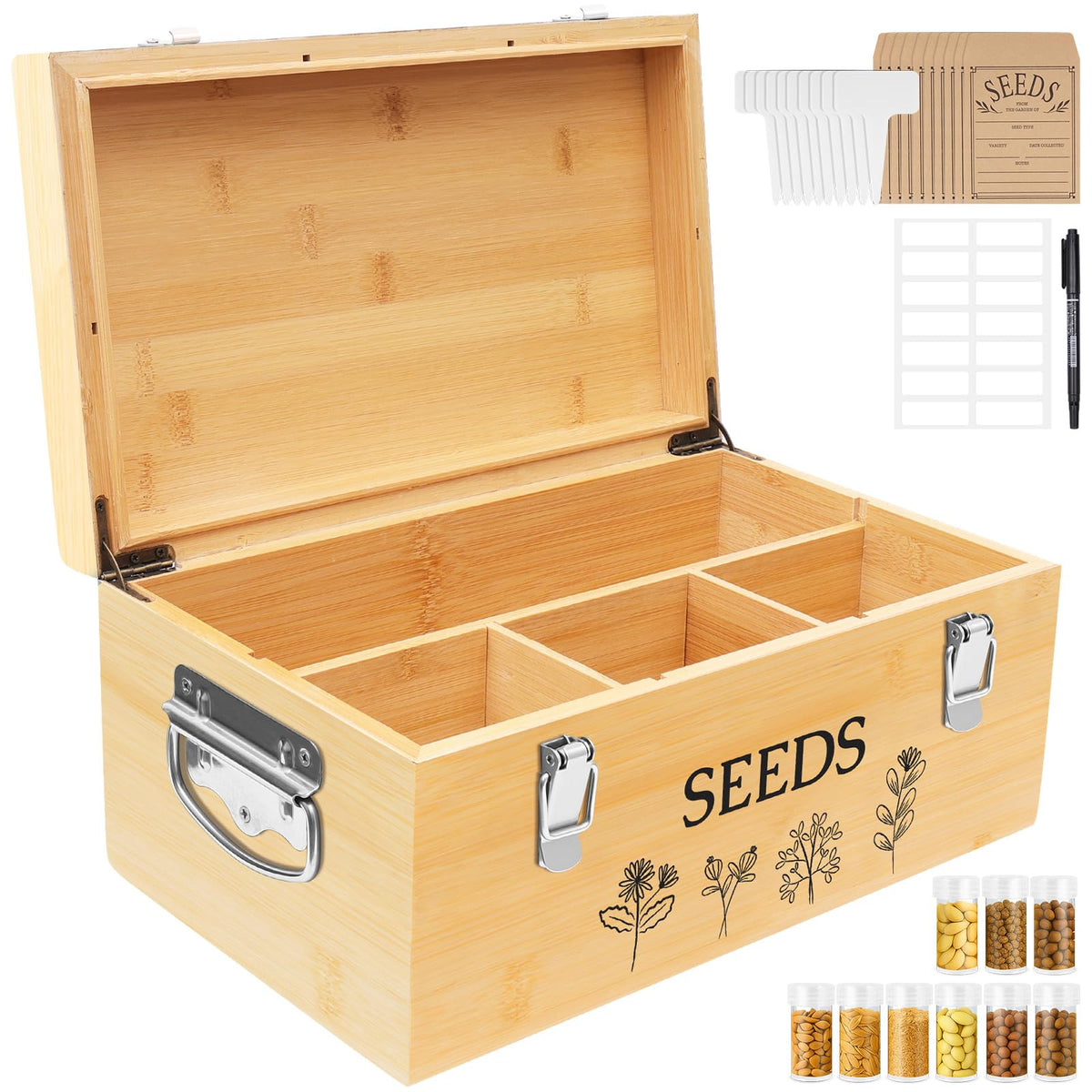 Intarsio bamboo seed box front view showing engraved design and organized storage benefit