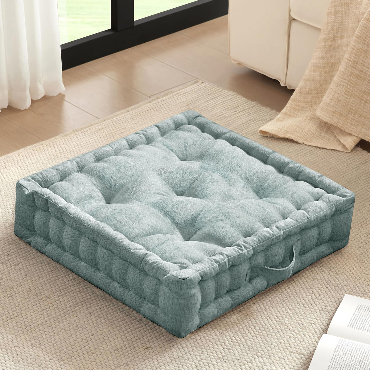 Intelligent Design Azza front view showing aqua tufted cushion and scalloped edge for stylish seating