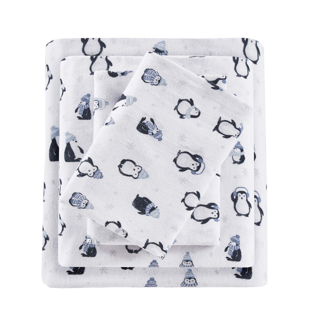 Intelligent Design front packaging showing blue penguins print and set contents for cheerful bedding