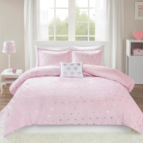 Intelligent Design front view of queen comforter showing metallic hearts and cozy look