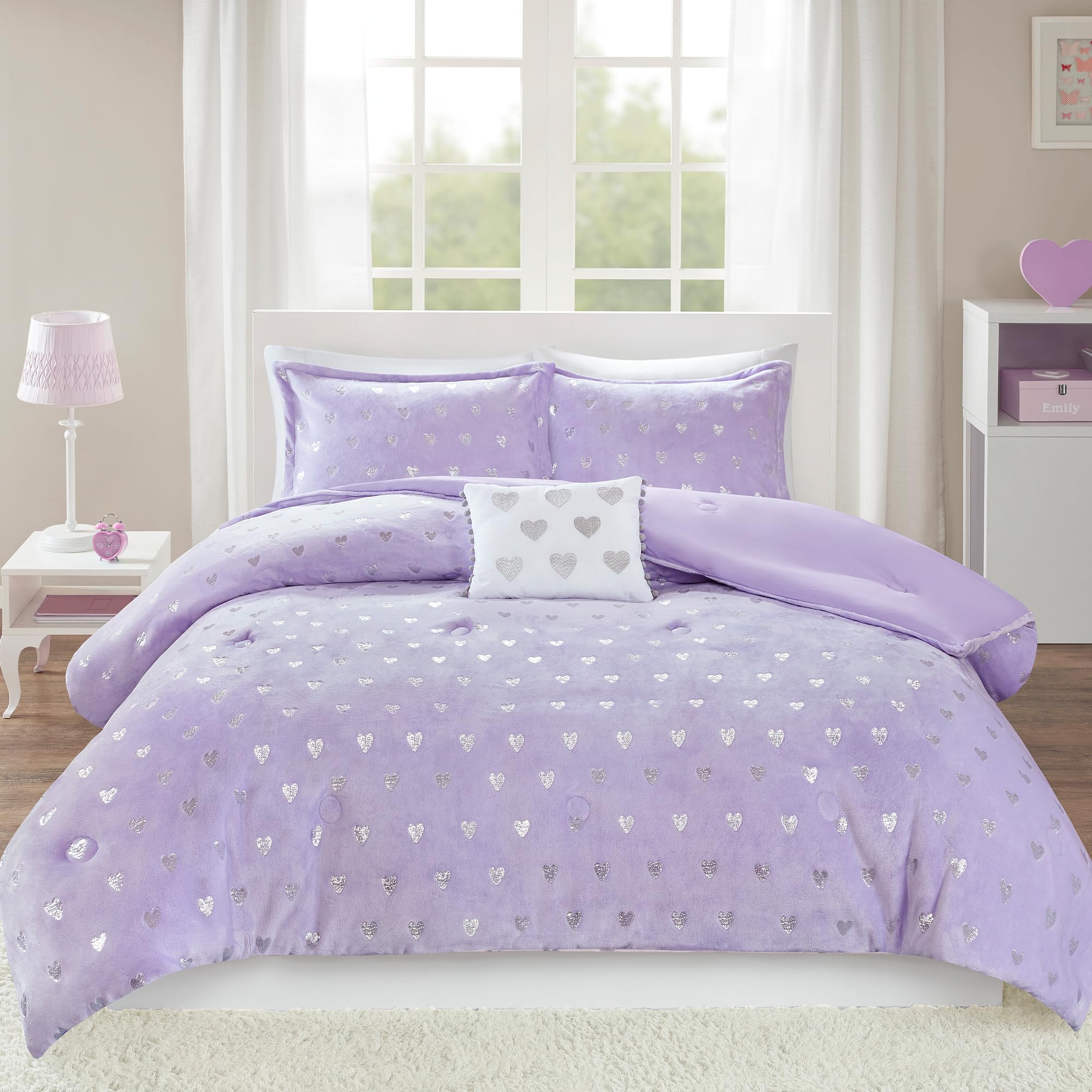 Intelligent Design comforter front view showing purple metallic hearts and cozy look