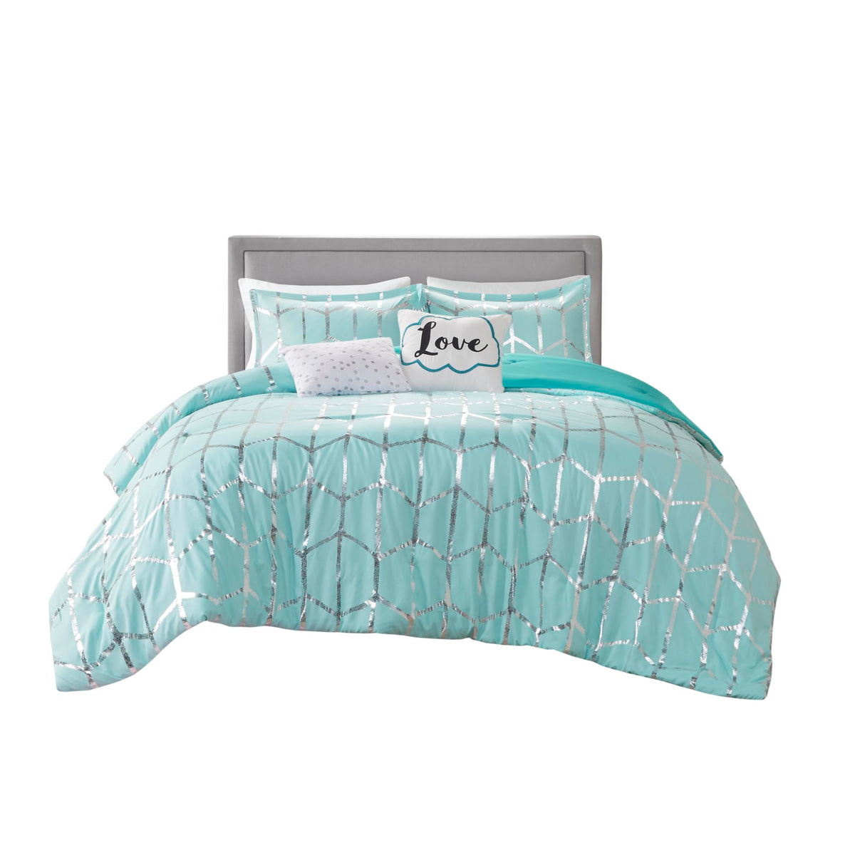 Intelligent Design comforter front view showing aqua and silver geometric pattern for modern style