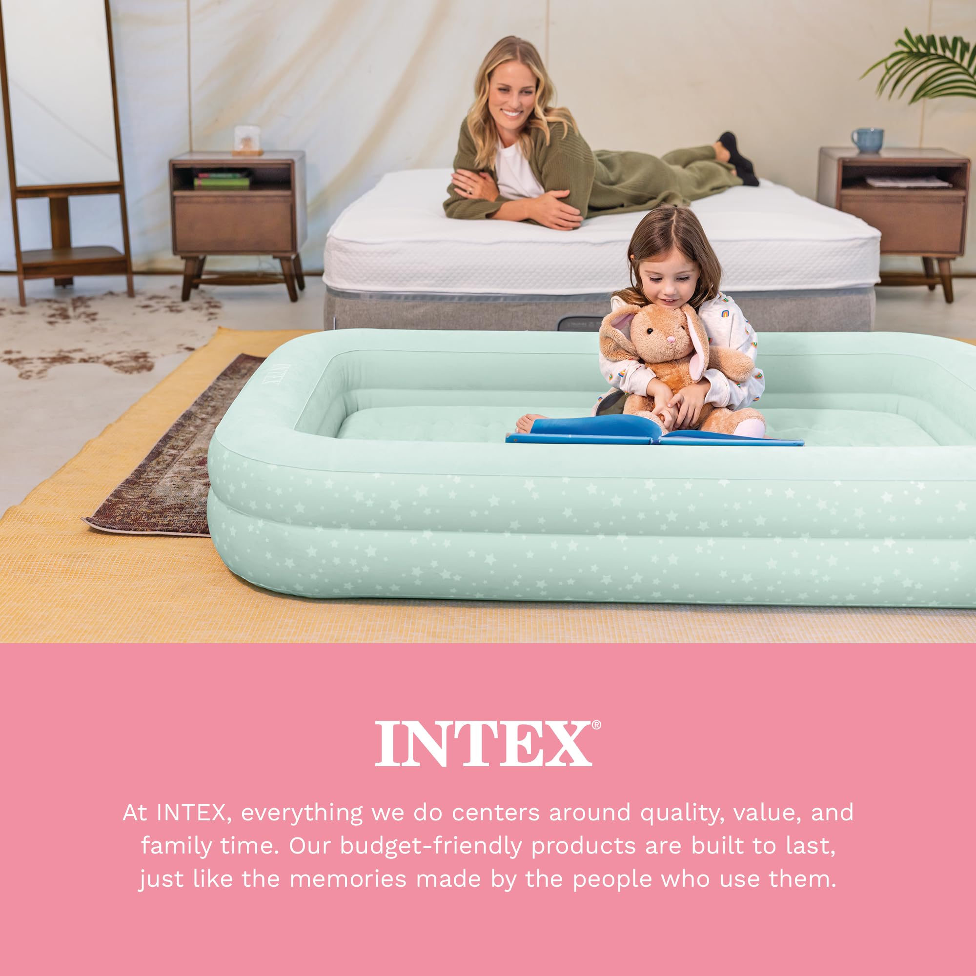 Intex deflated and folded air bed packed into carry bag for tidy transport