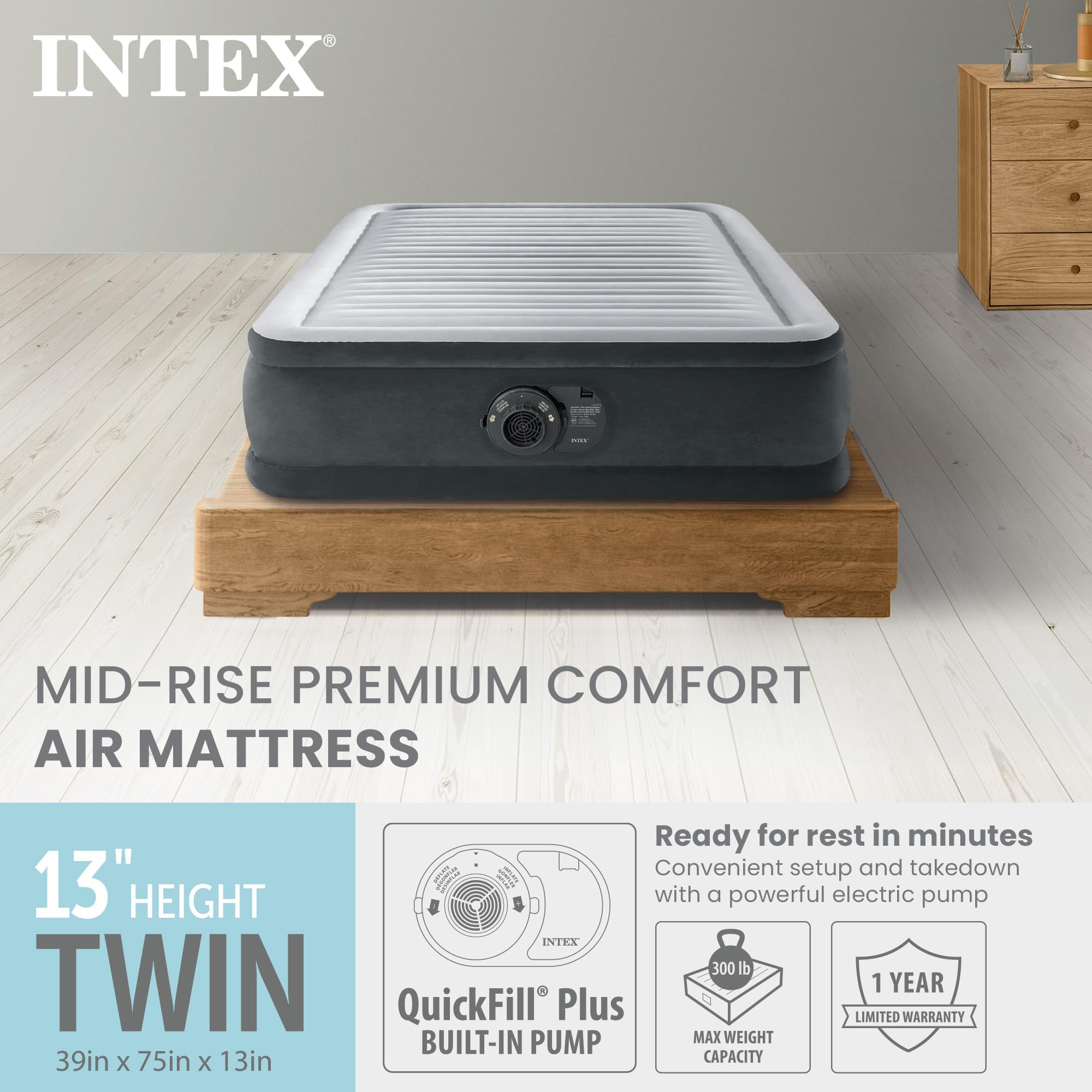Intex Dura‑Beam built‑in pump detail showing control panel for quick inflation benefit