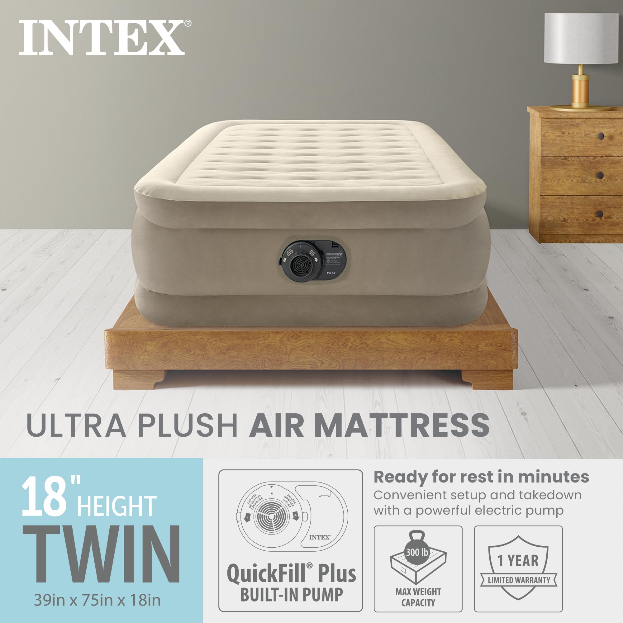 Intex Dura-Beam Deluxe close-up of built-in pump showing fast inflation convenience