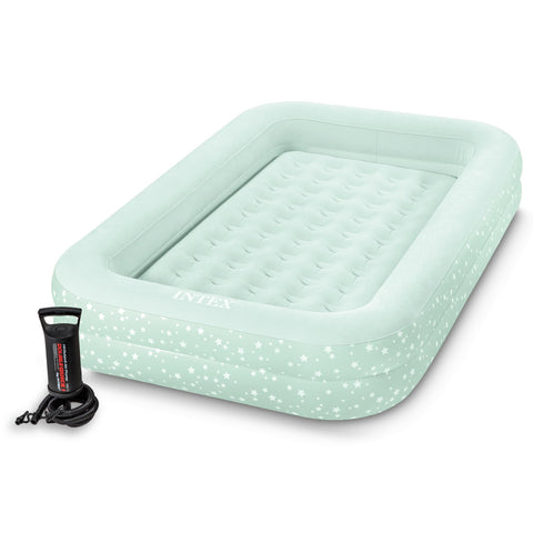 Intex front view of kids travel air mattress showing star print and benefit comfort