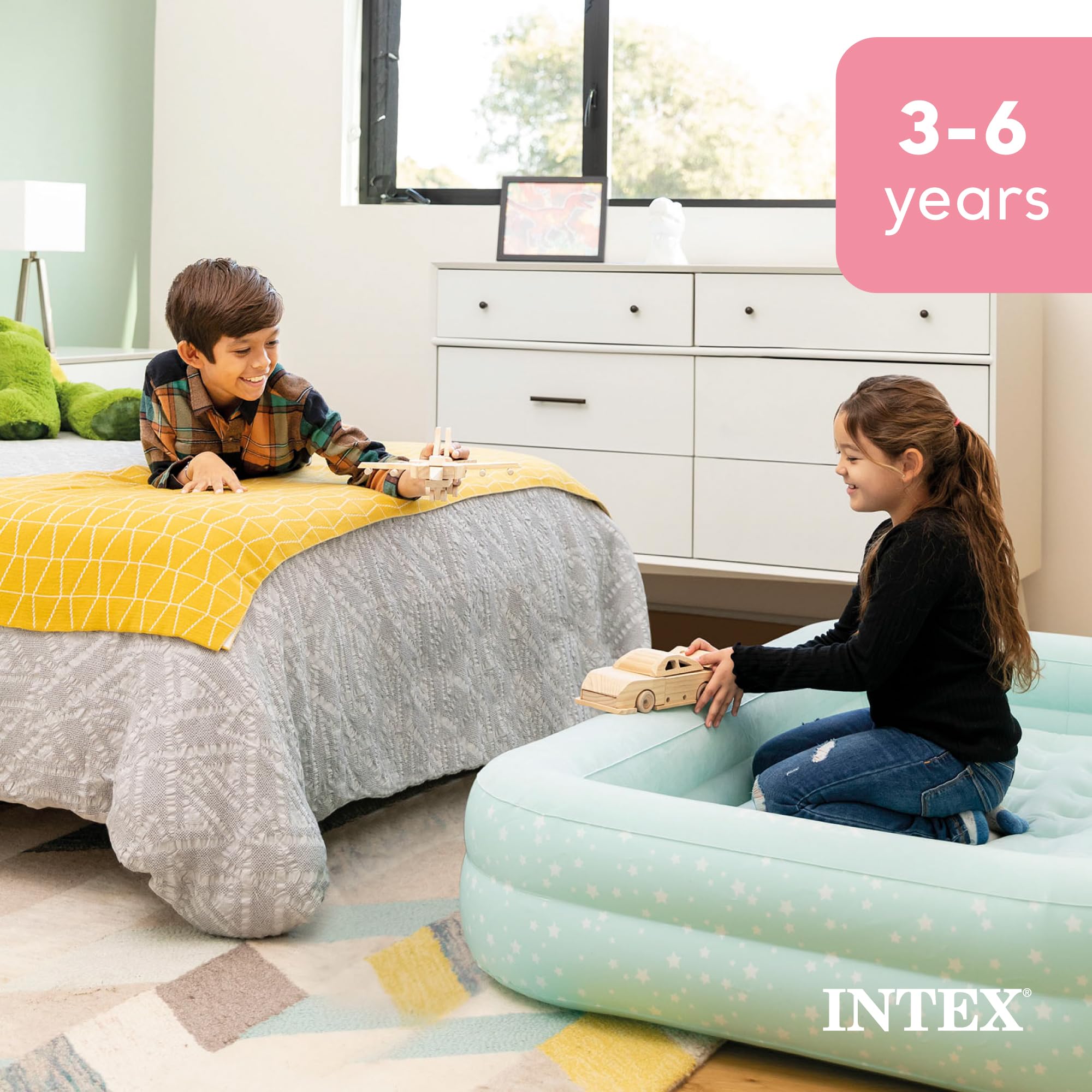 Intex bed staged in child bedroom illustrating home comfort on the go