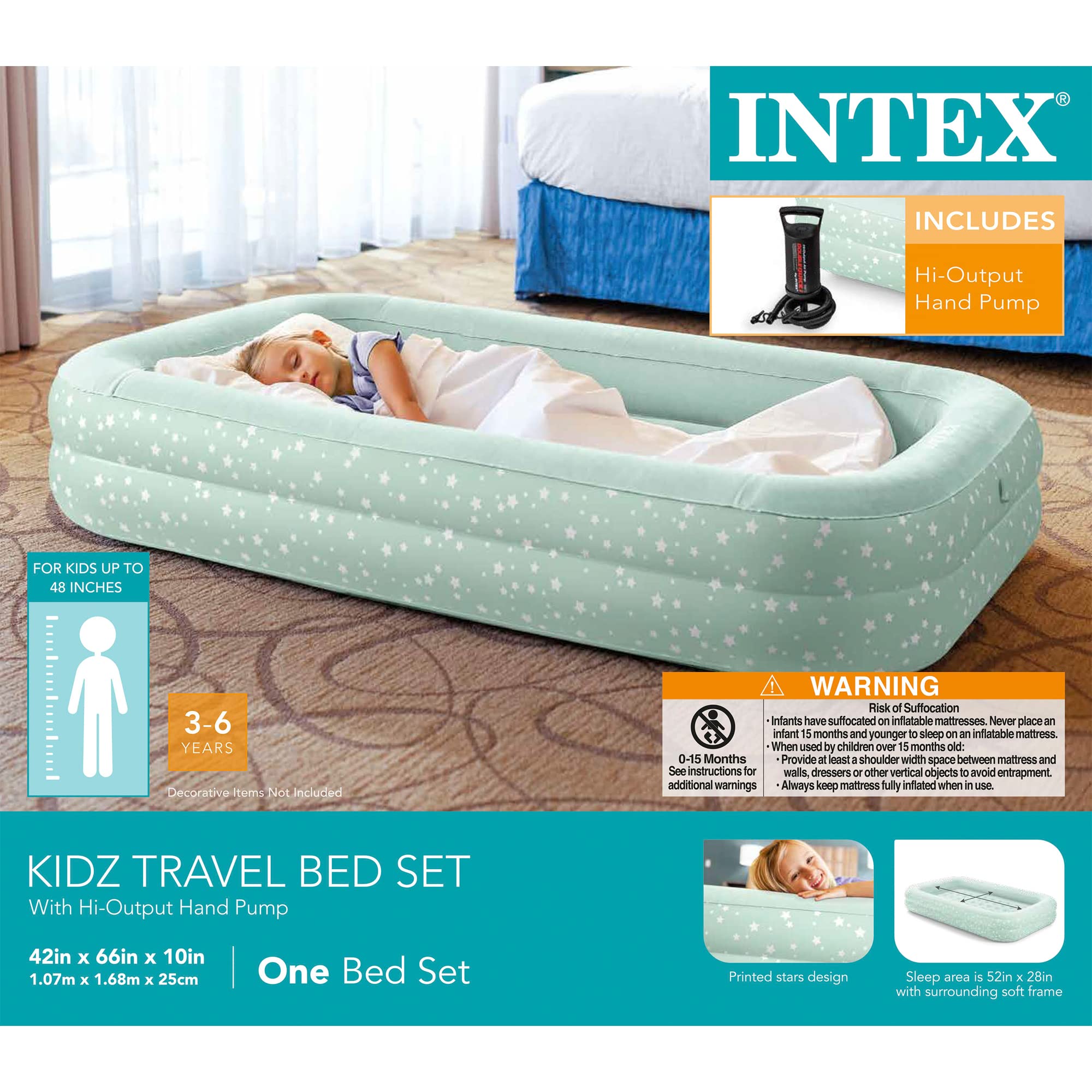 Intex bed beside toy showing scale to help visualize toddler size