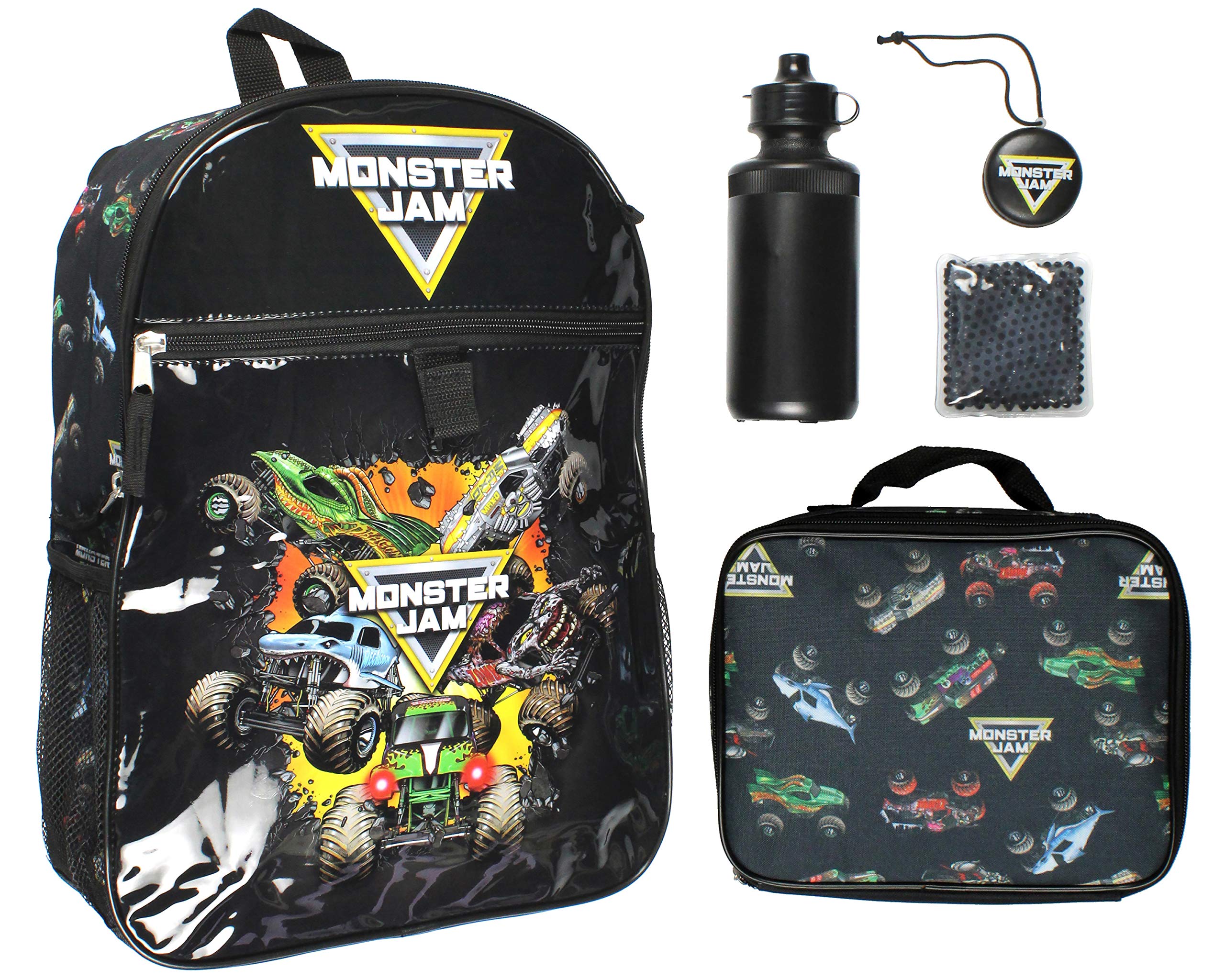 INTIMO backpack front featuring Megalodon and Grave Digger, bold graphics for fans