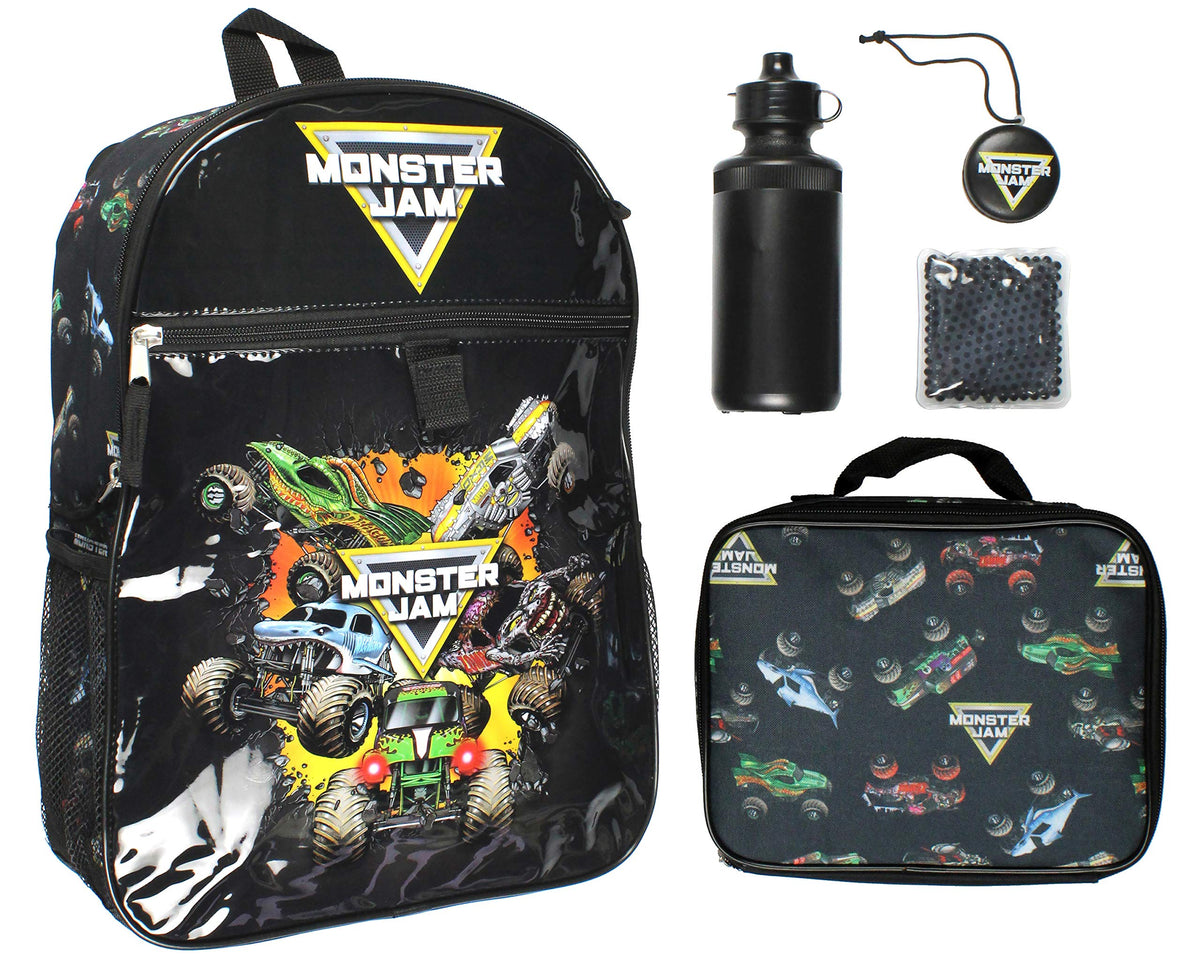 INTIMO backpack front featuring Megalodon and Grave Digger, bold graphics for fans