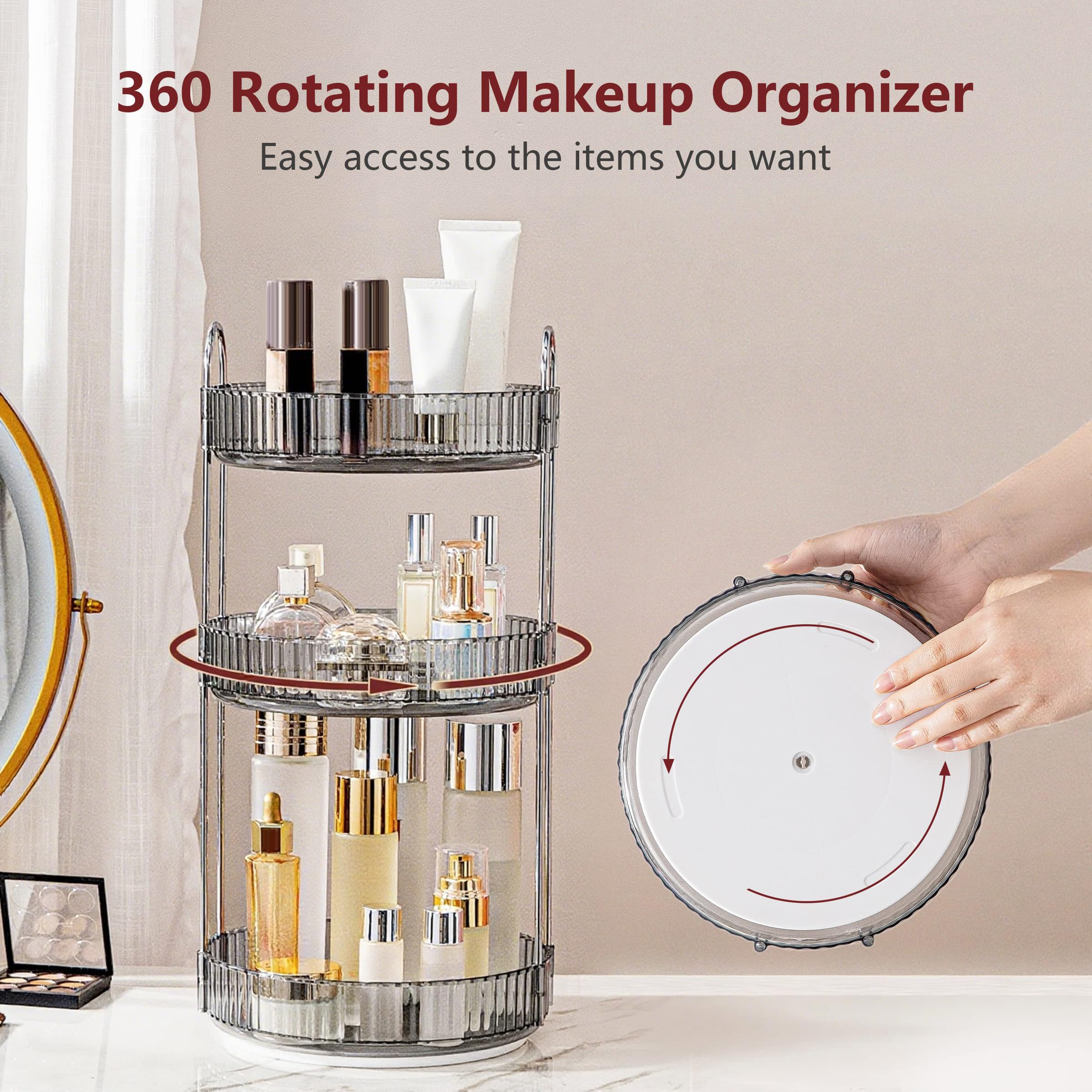 INVSSENE vanity turntable in use with arranged cosmetics for efficient routines