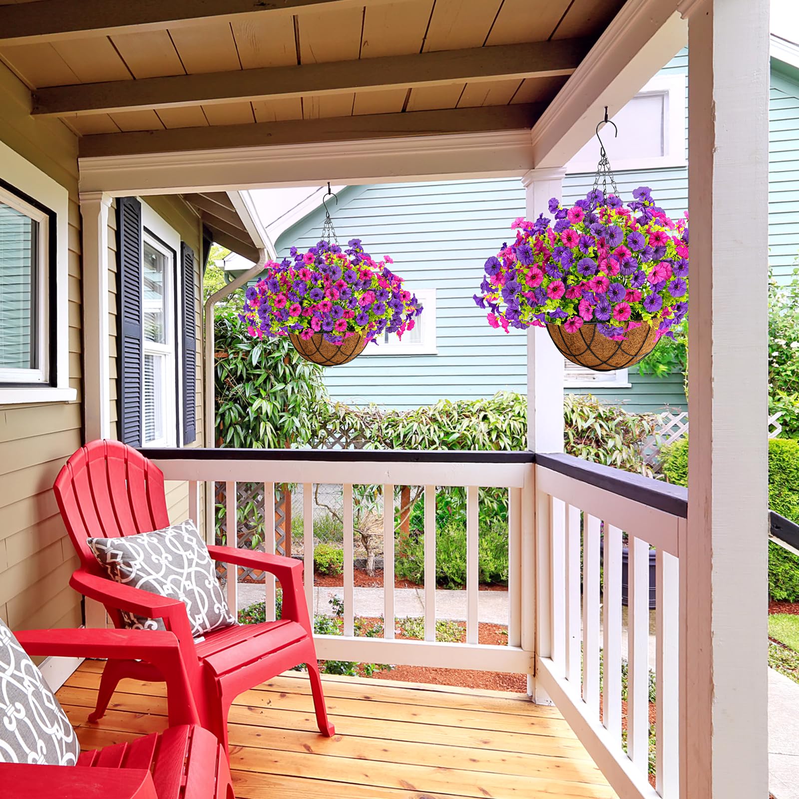 INXUGAO hanging flowers installed on porch railing demonstrating easy outdoor use