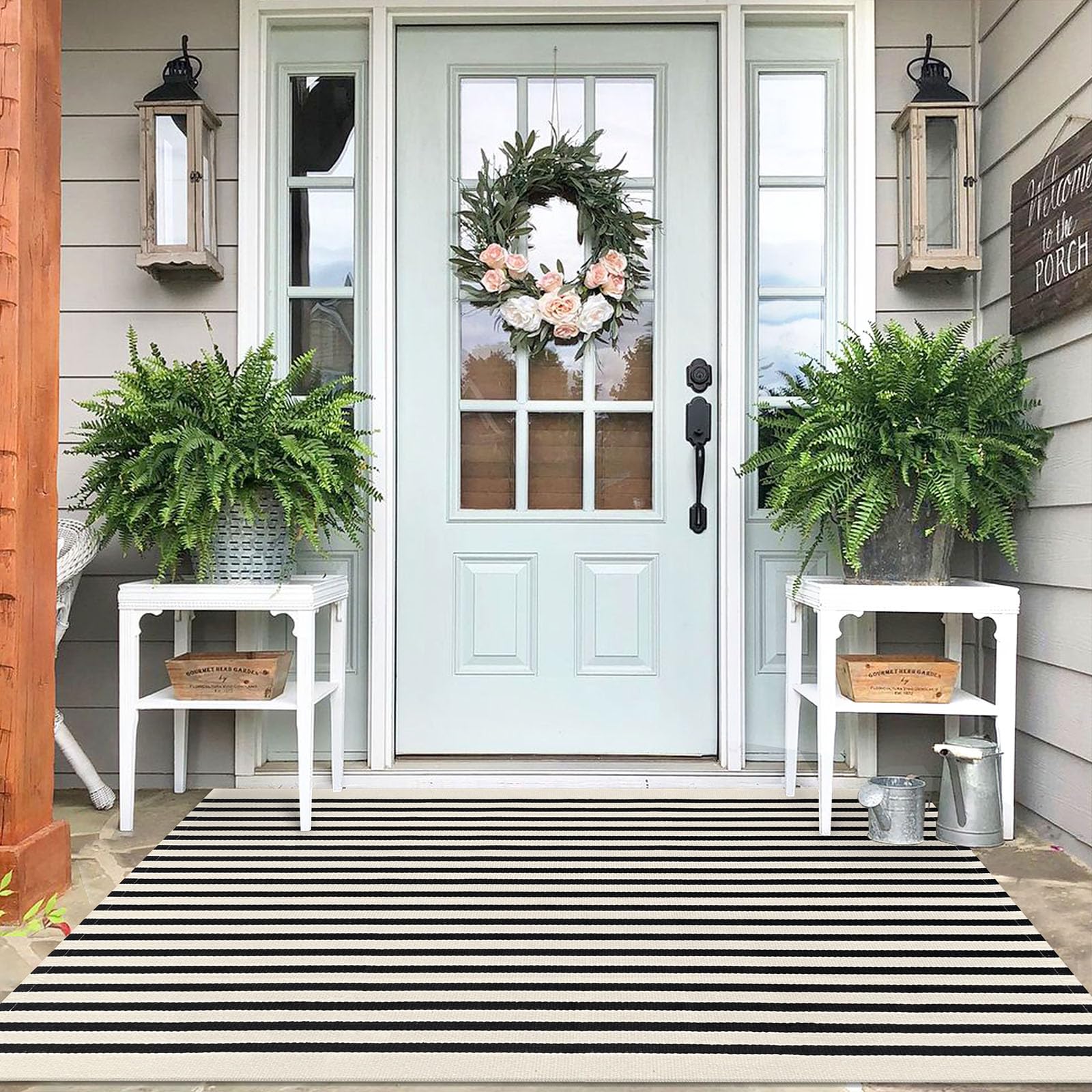 IOHOUZE front view of striped rug showing classic black beige design and curb appeal
