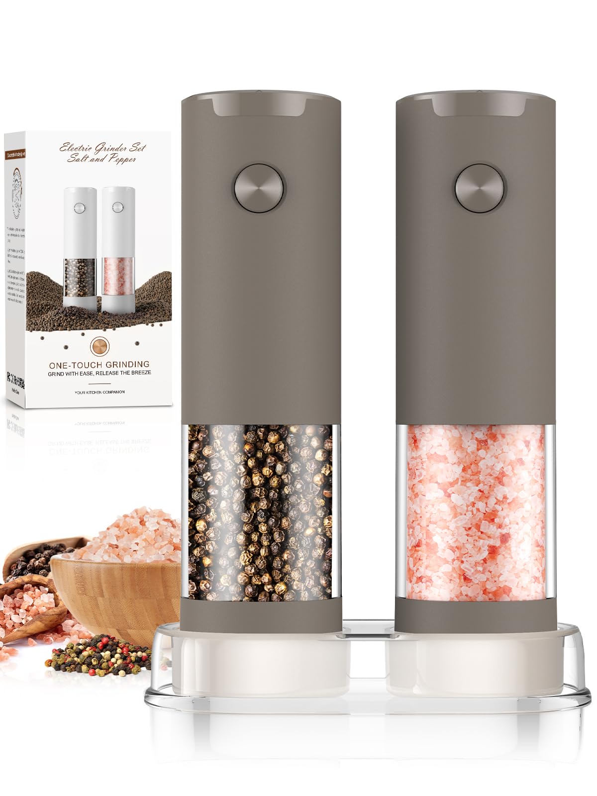 ioion front view of white grinder set showing sleek design and easy reach benefit