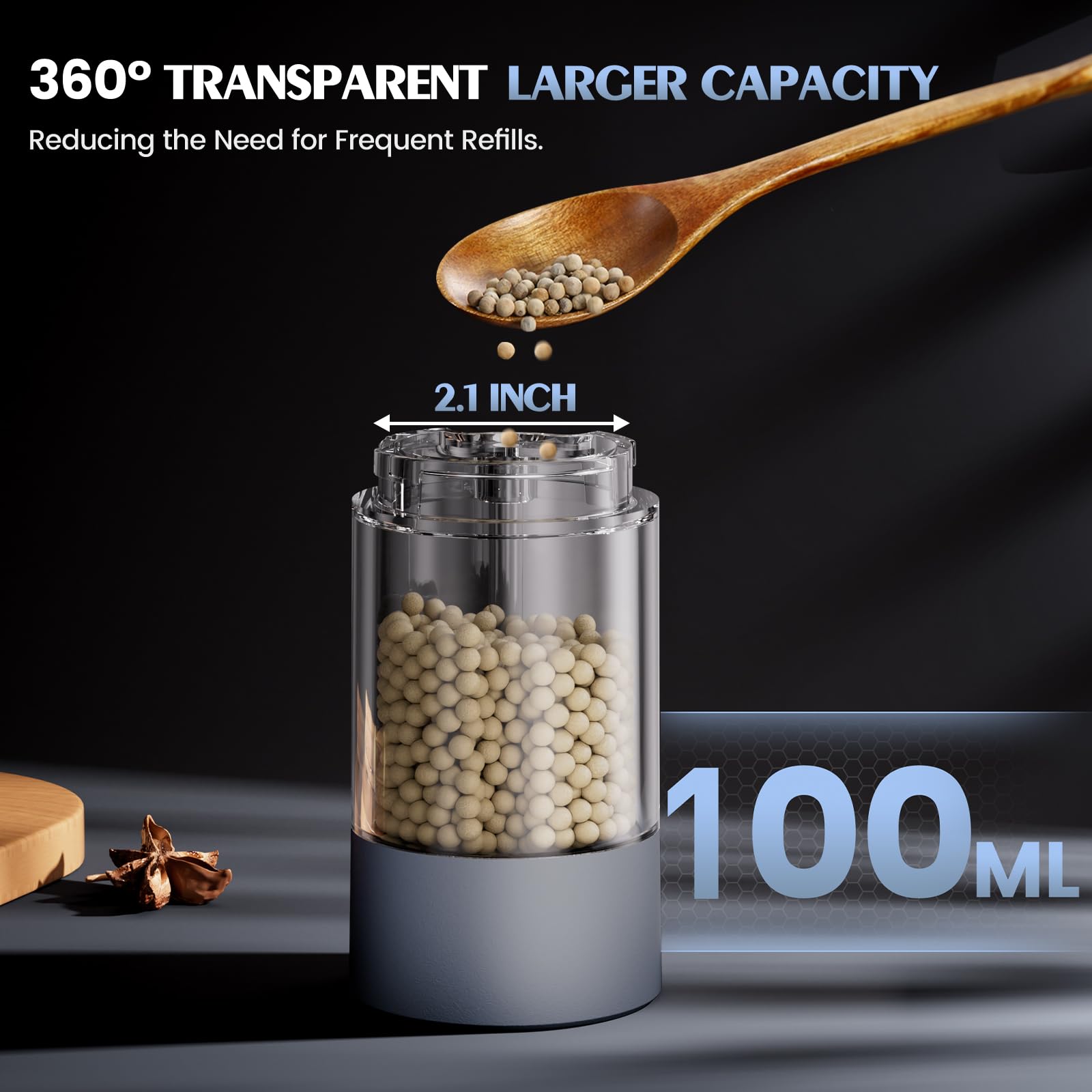 ioion translucent capacity view showing spice levels to reduce refills
