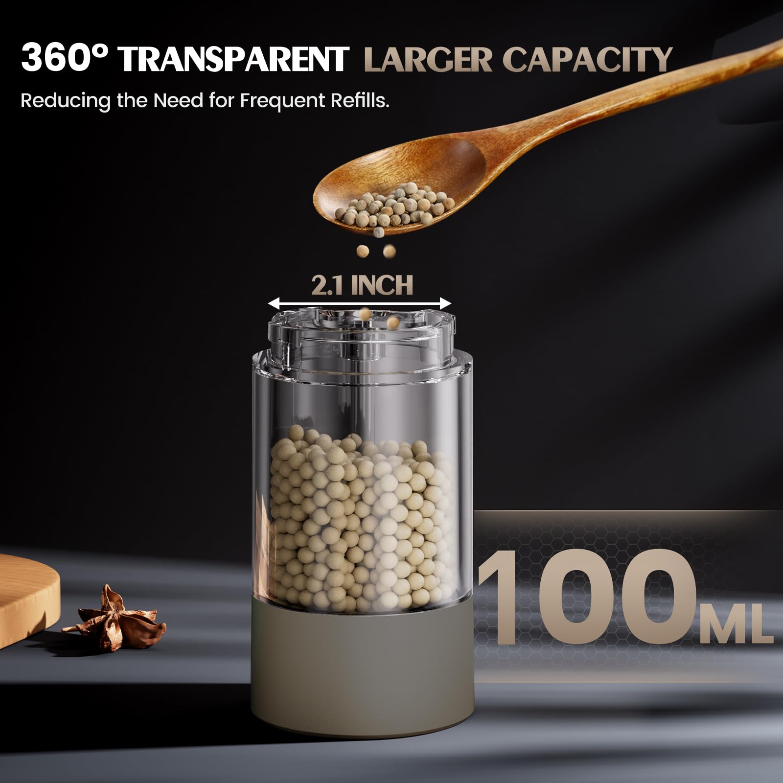 ioion transparent chamber filled with pepper and salt for visible refill monitoring benefit
