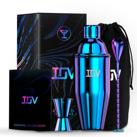 IOV rainbow shaker front view showing colorful finish and 24oz capacity for stylish mixing