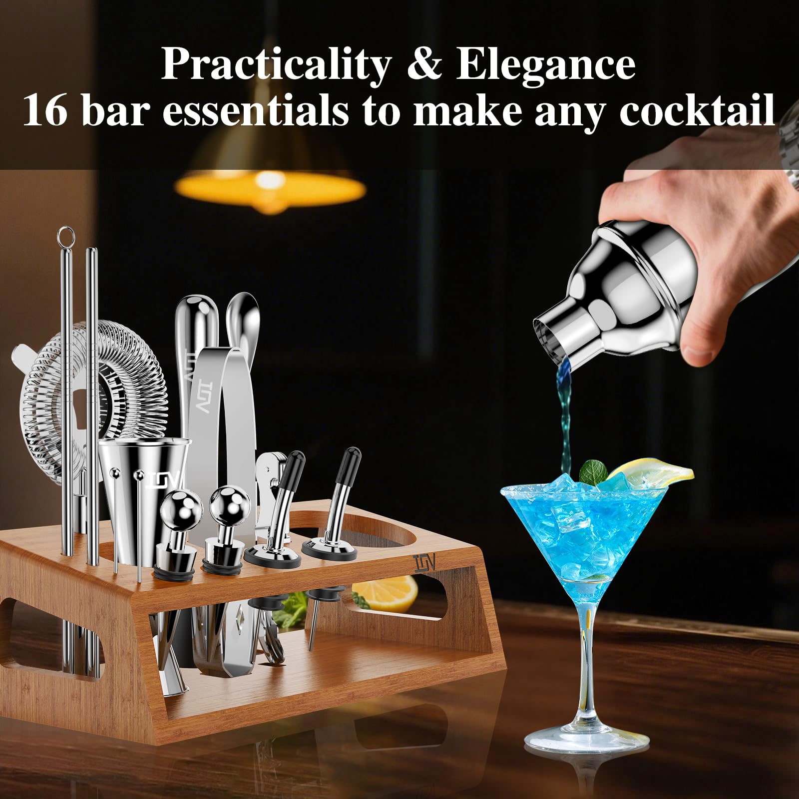 IOV shaker in use mixing cocktail demonstrating easy, spill-free shaking