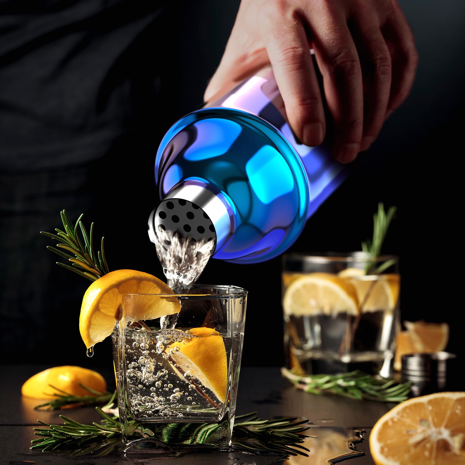 IOV shaker beside a standard glass to show 24oz scale for portion planning