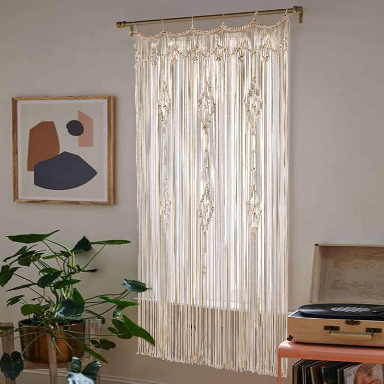 IOWER macrame curtain close-up of knots and cotton texture, highlights handmade detail