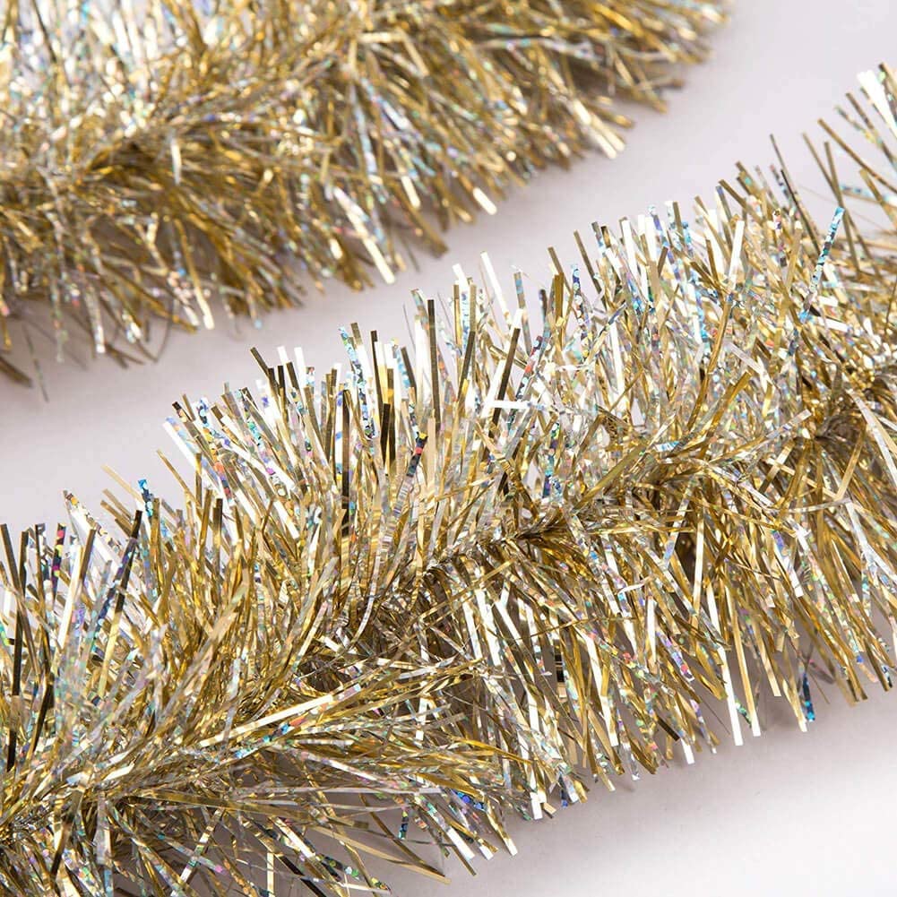 iPEGTOP front view of gold tinsel garland showing full plush look and sparkle