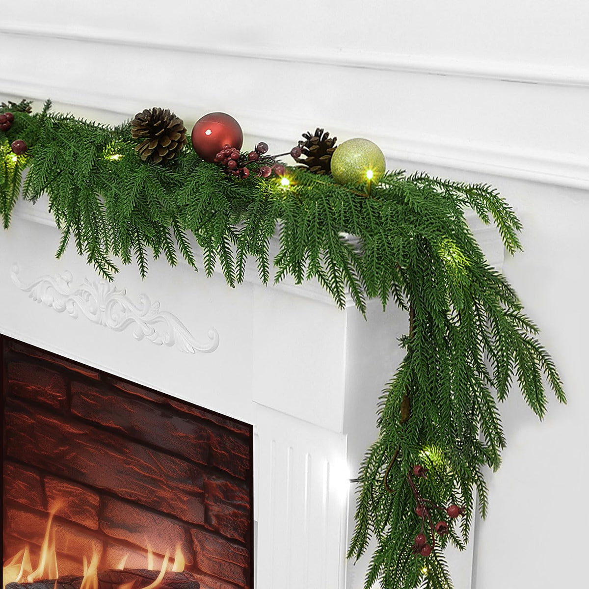 IPOOLTENG front view of 6ft Norfolk Pine garland showing full coverage and realistic look