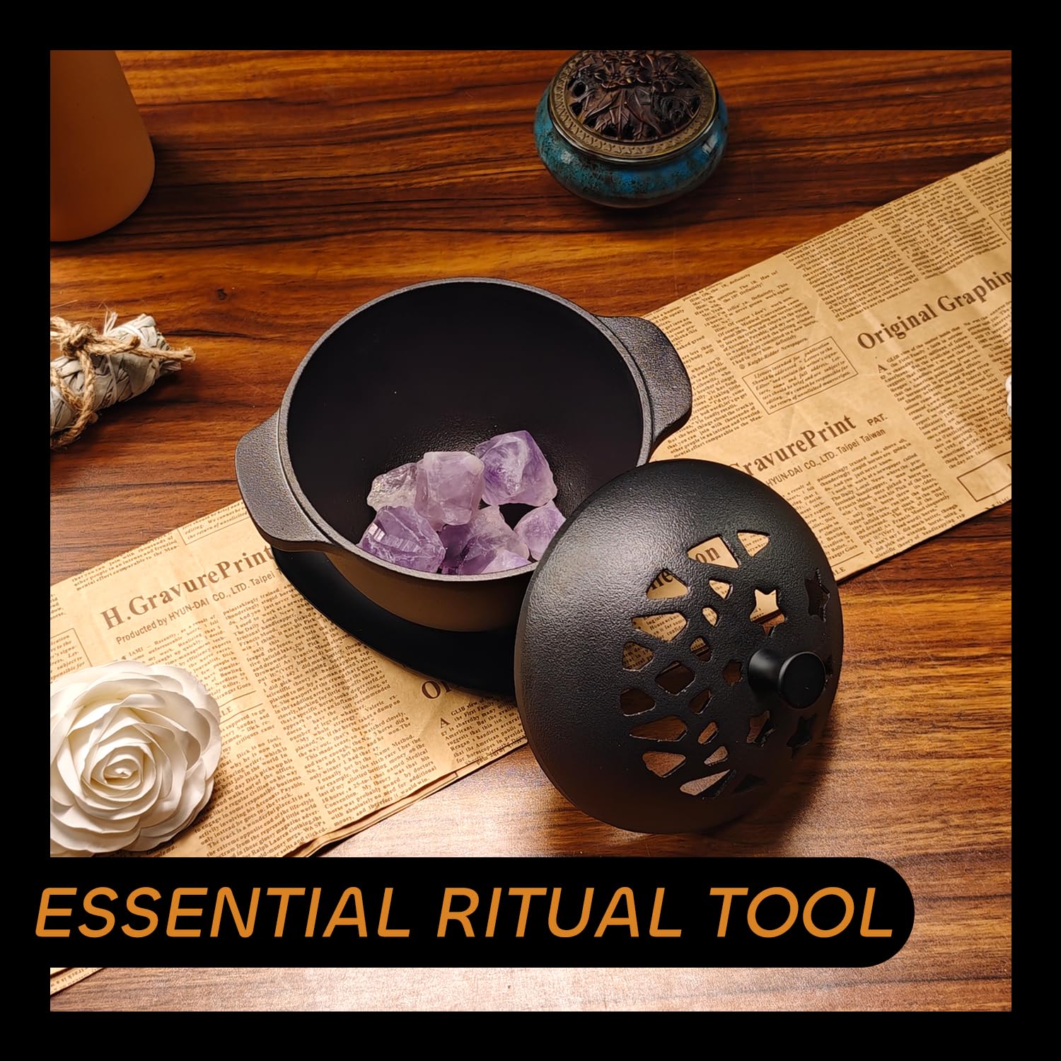 IPROUDER cauldron holding sage bundle for smudging and controlled ash capture