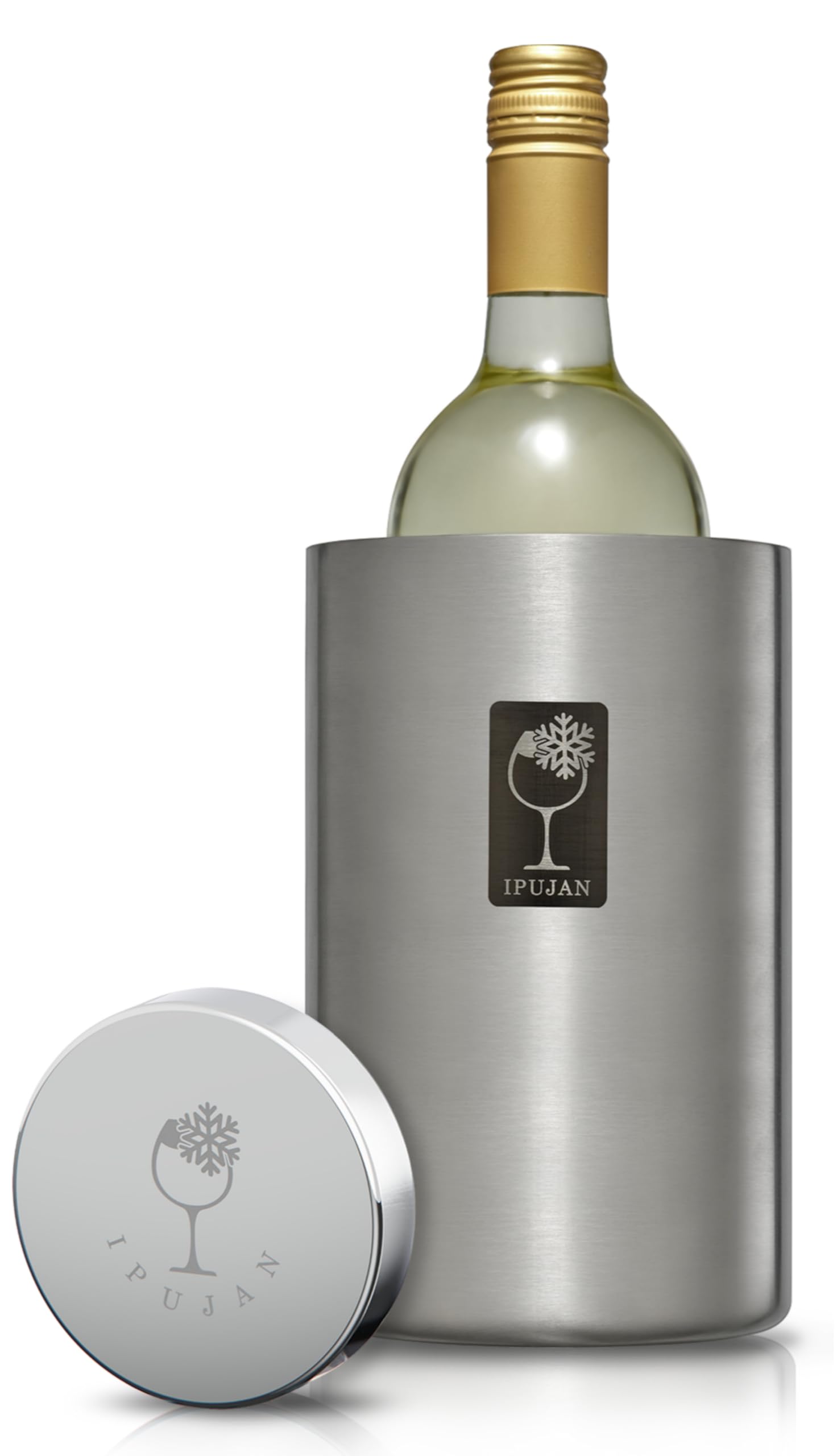 IPUJAN front view of silver white wine chiller bucket showing sleek design and cooling benefit