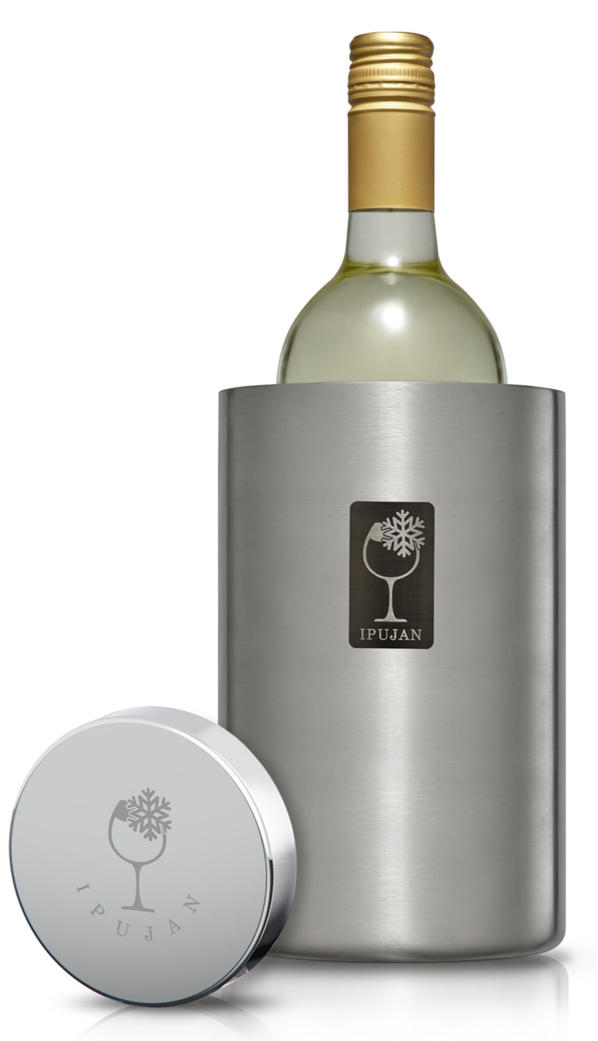 IPUJAN front view of silver white wine chiller bucket showing sleek design and cooling benefit