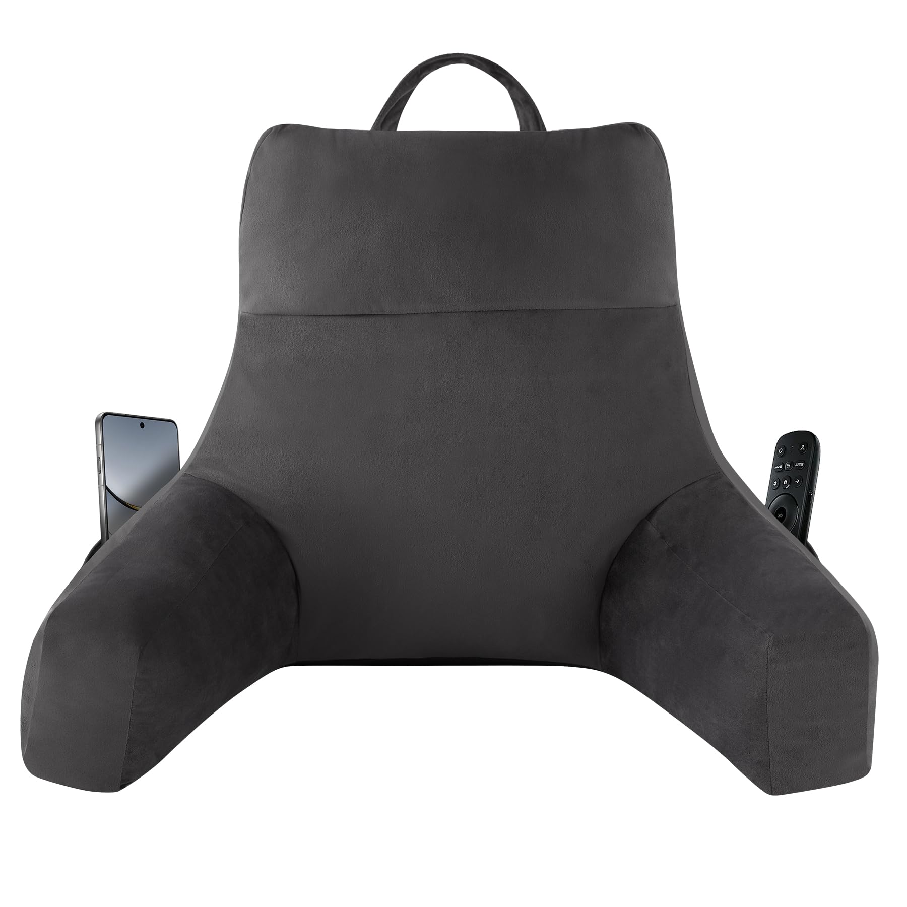 IPYNBAP front view of grey reading pillow showing arms and shape for comfortable support