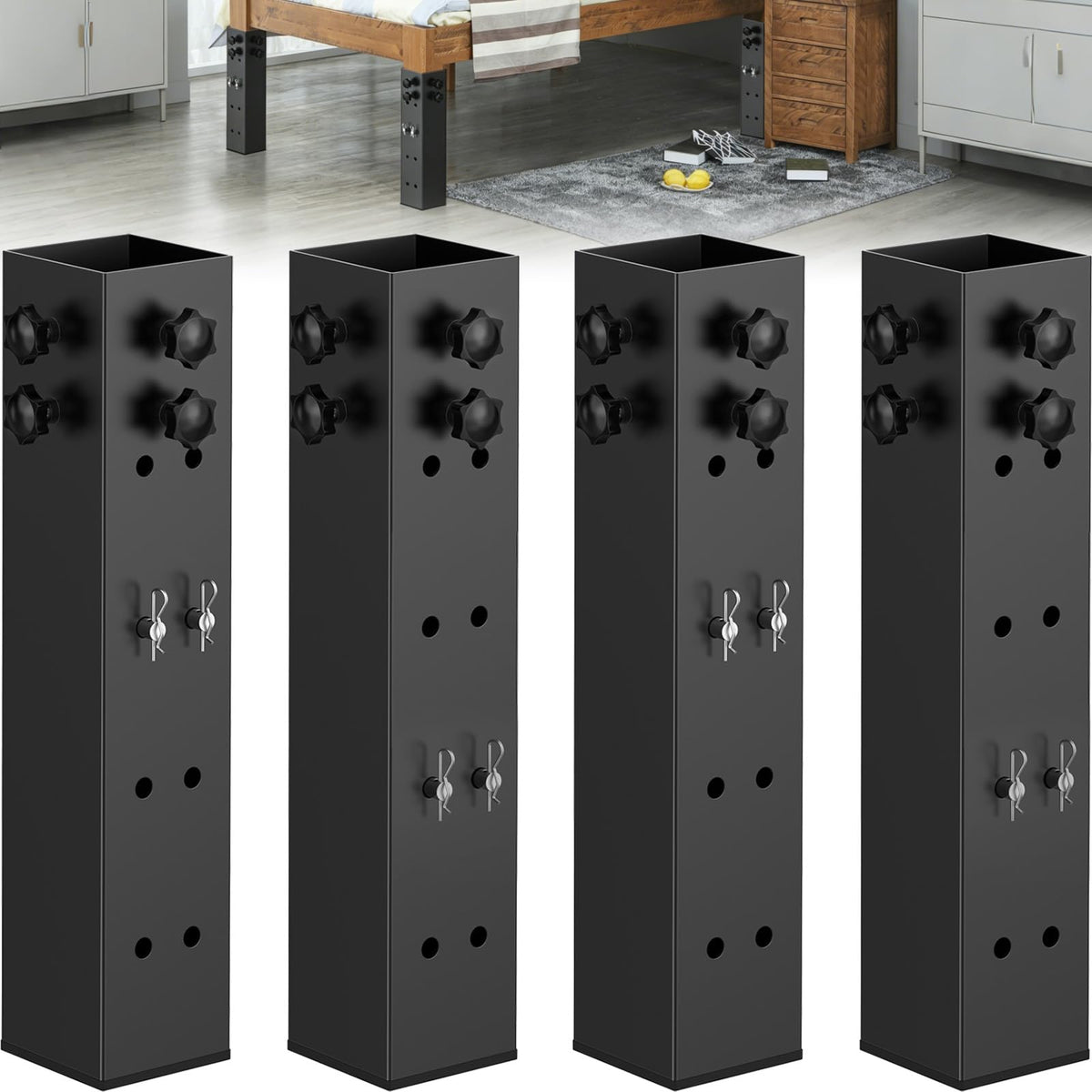 IRENPORU front view of four risers showing durable steel construction and storage benefit