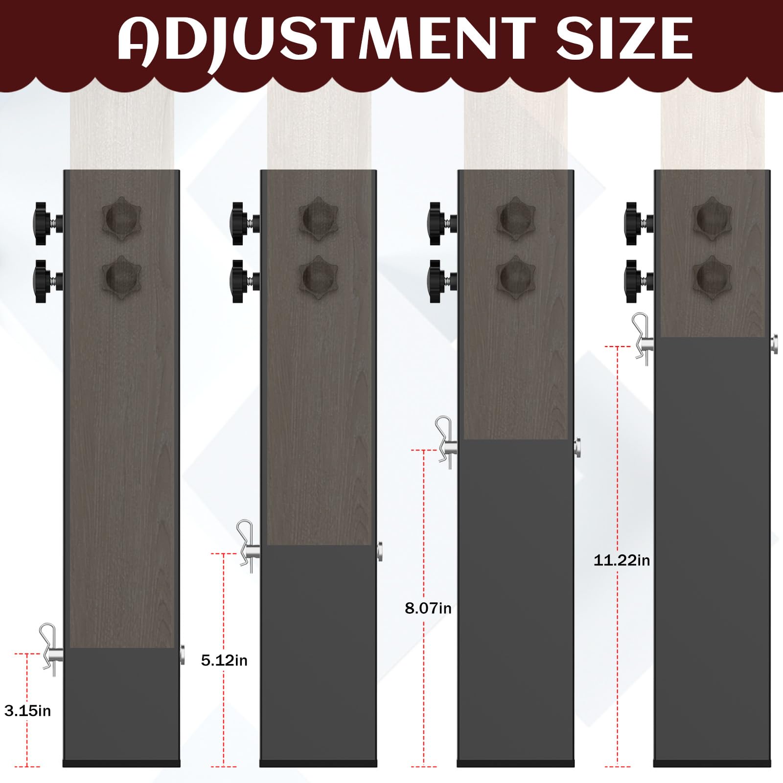 IRENPORU adjustable heights demonstration showing 3.2, 5.1, 8.1 and 11.2 inch options