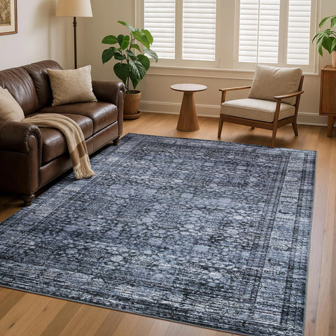 Iridesca front view 5x7 rug showing vintage floral focal point and versatile appeal