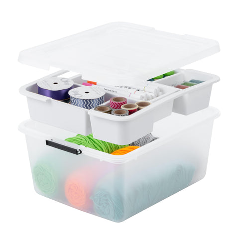 IRIS USA front view of clear organizer showing secure lid and compact shape for space saving