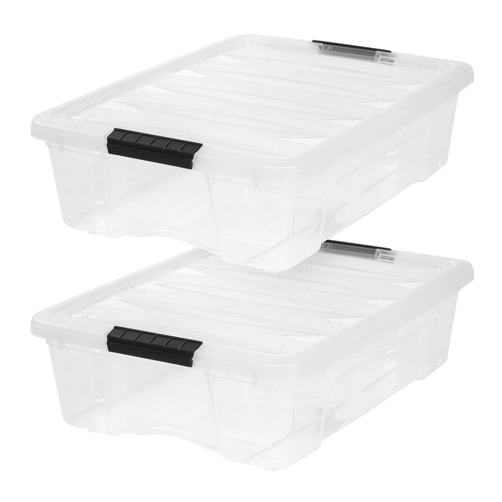 IRIS USA front view of two clear 27 quart bins showing stackability and visibility