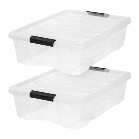 IRIS USA front view of two clear 27 quart bins showing stackability and visibility