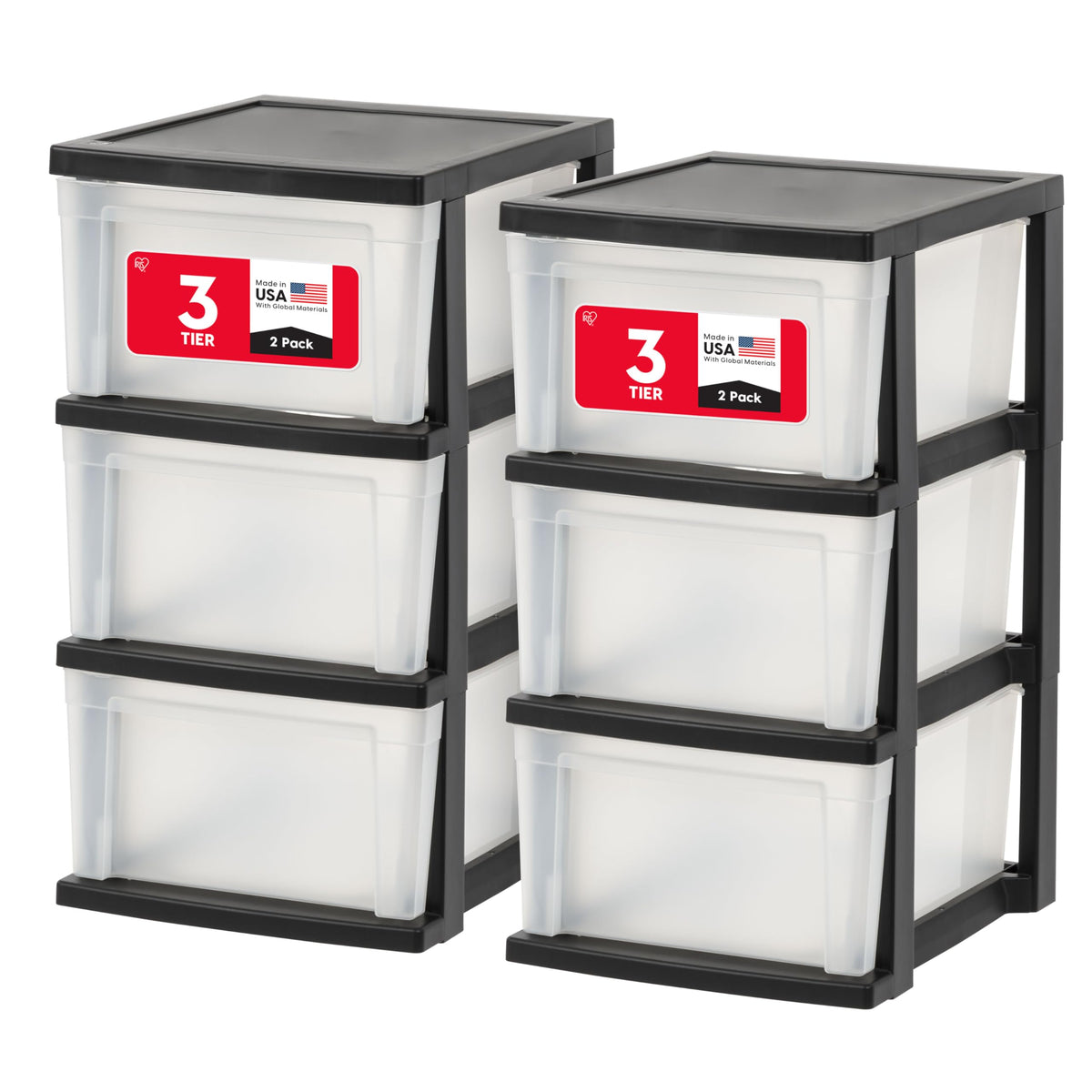 IRIS USA front view of slim 3-drawer organizer showing clear drawers and black frame for space-saving