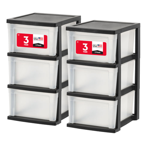 IRIS USA front view of slim 3-drawer organizer showing clear drawers and black frame for space-saving