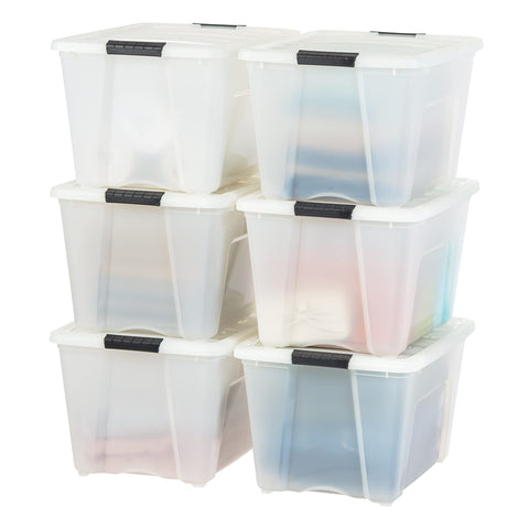 IRIS USA front packaging showing six 54 quart bins — durable organized storage