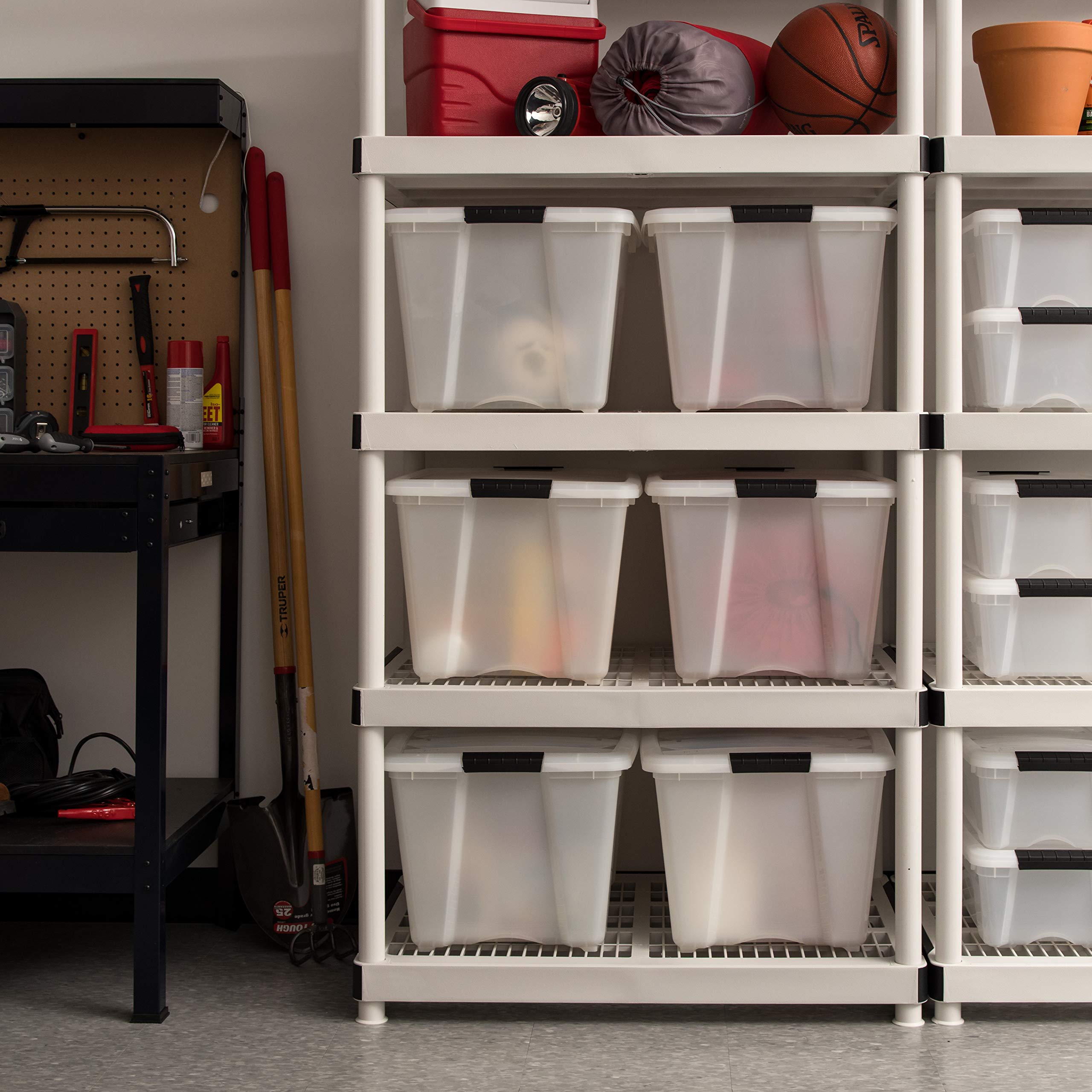 IRIS USA bins arranged inside a closet for tidy, accessible organization