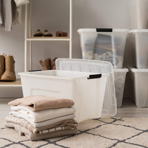 IRIS USA bins stacked on shelving to maximize vertical storage space