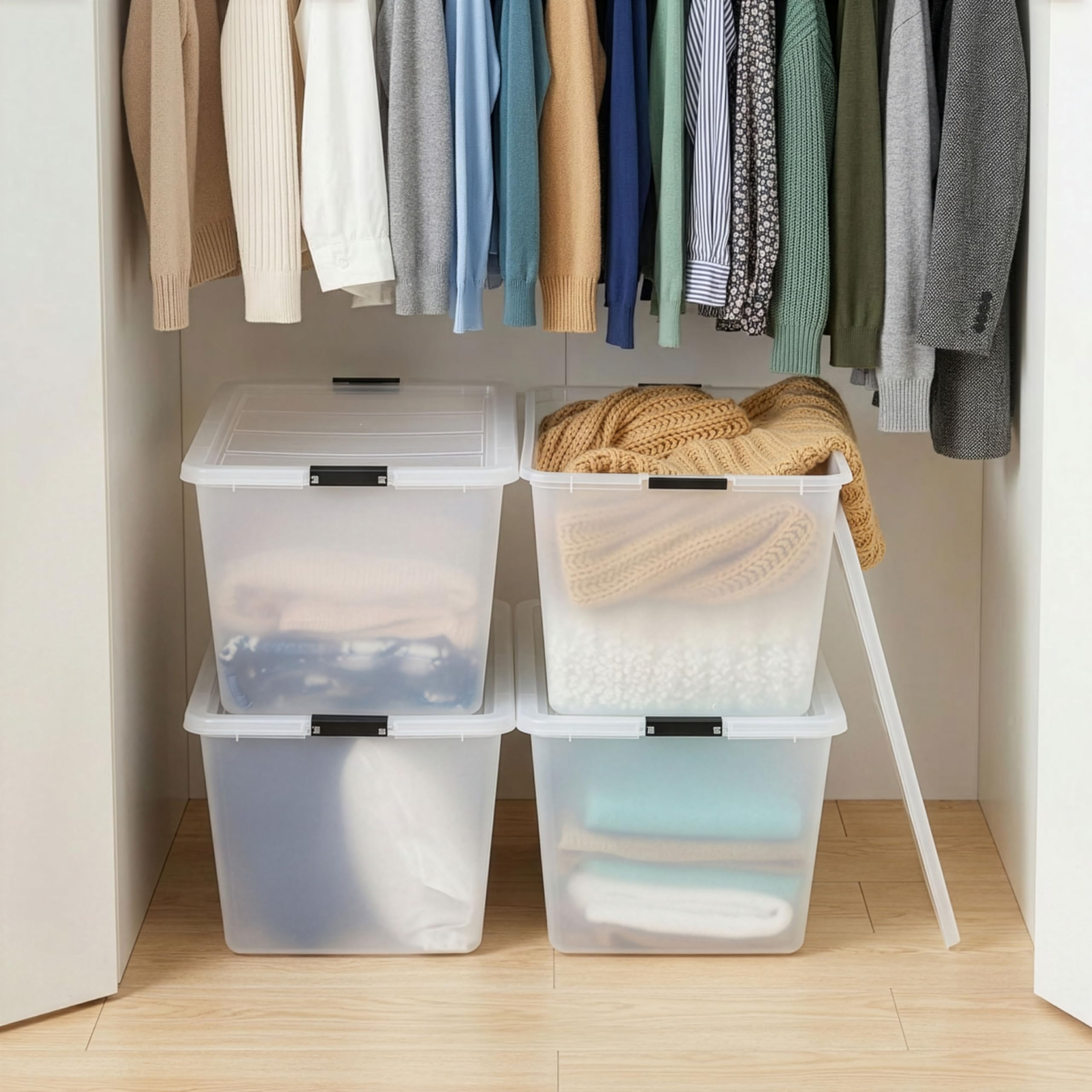 IRIS USA boxes arranged in garage illustrating neat, clutter-free storage