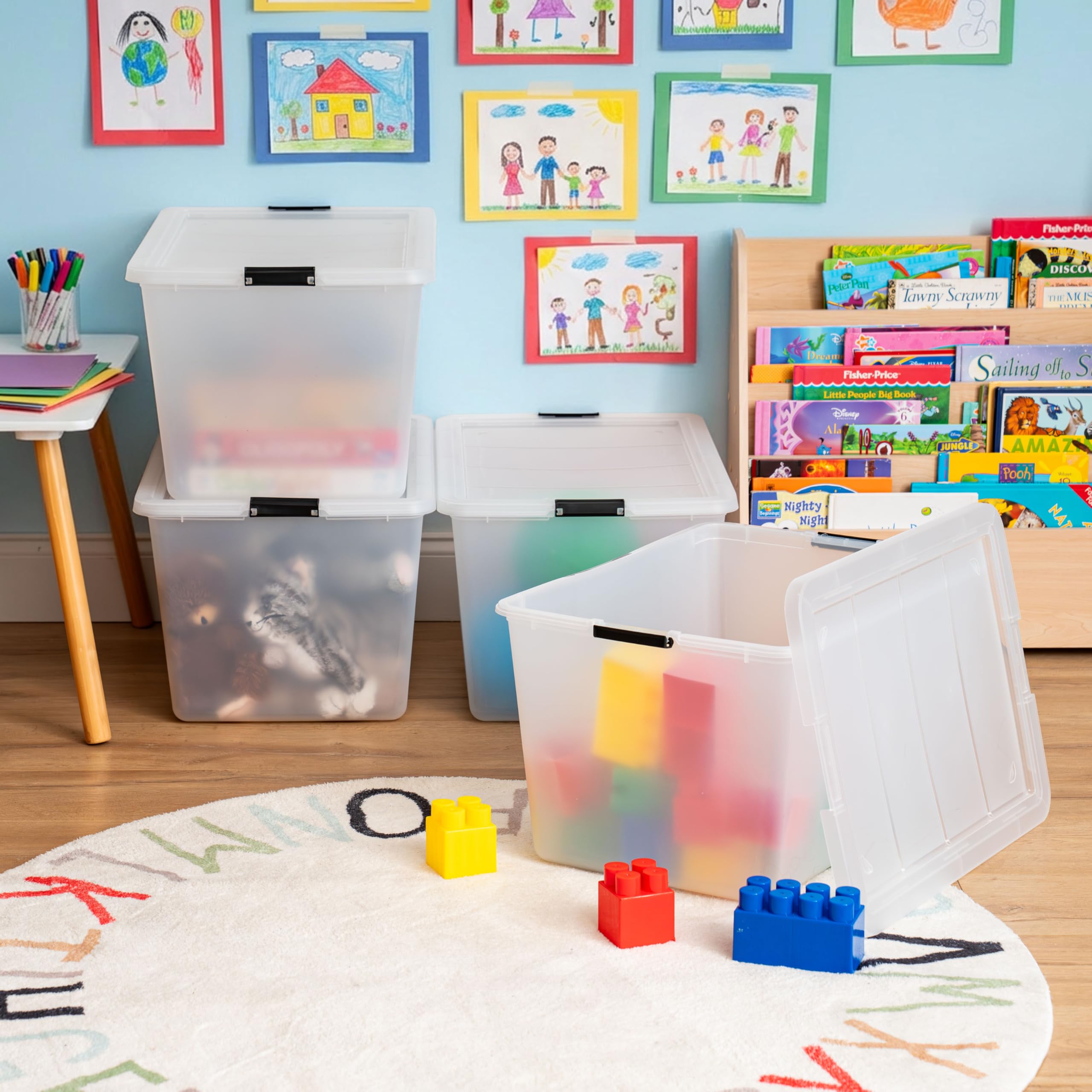 IRIS USA stacked boxes on shelf saving floor space and improving organization