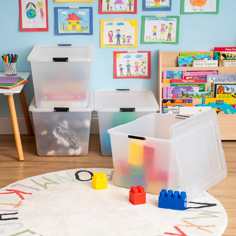 IRIS USA stacked boxes on shelf saving floor space and improving organization