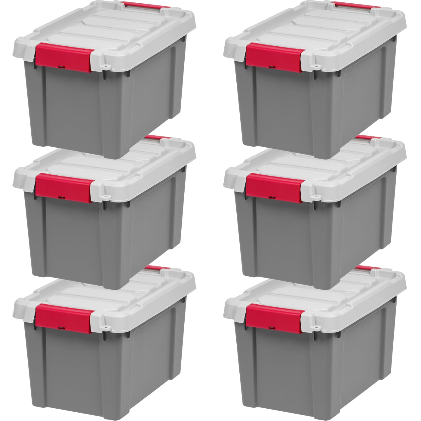 IRIS USA front view of six gray 5-gallon lockable totes showing durability and storage capacity