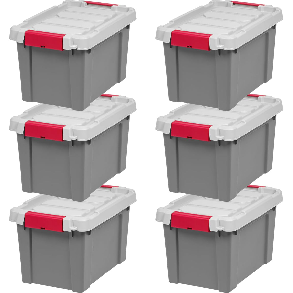 IRIS USA front view of six gray 5-gallon lockable totes showing durability and storage capacity