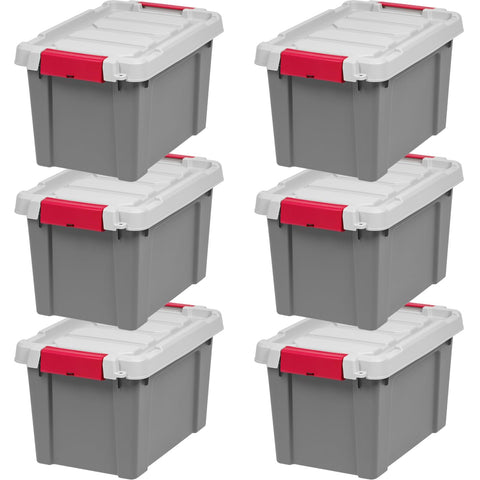 IRIS USA front view of six gray 5-gallon lockable totes showing durability and storage capacity